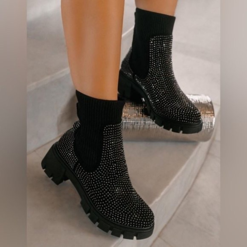Forever Black Rhinestone Knit Combat Boot